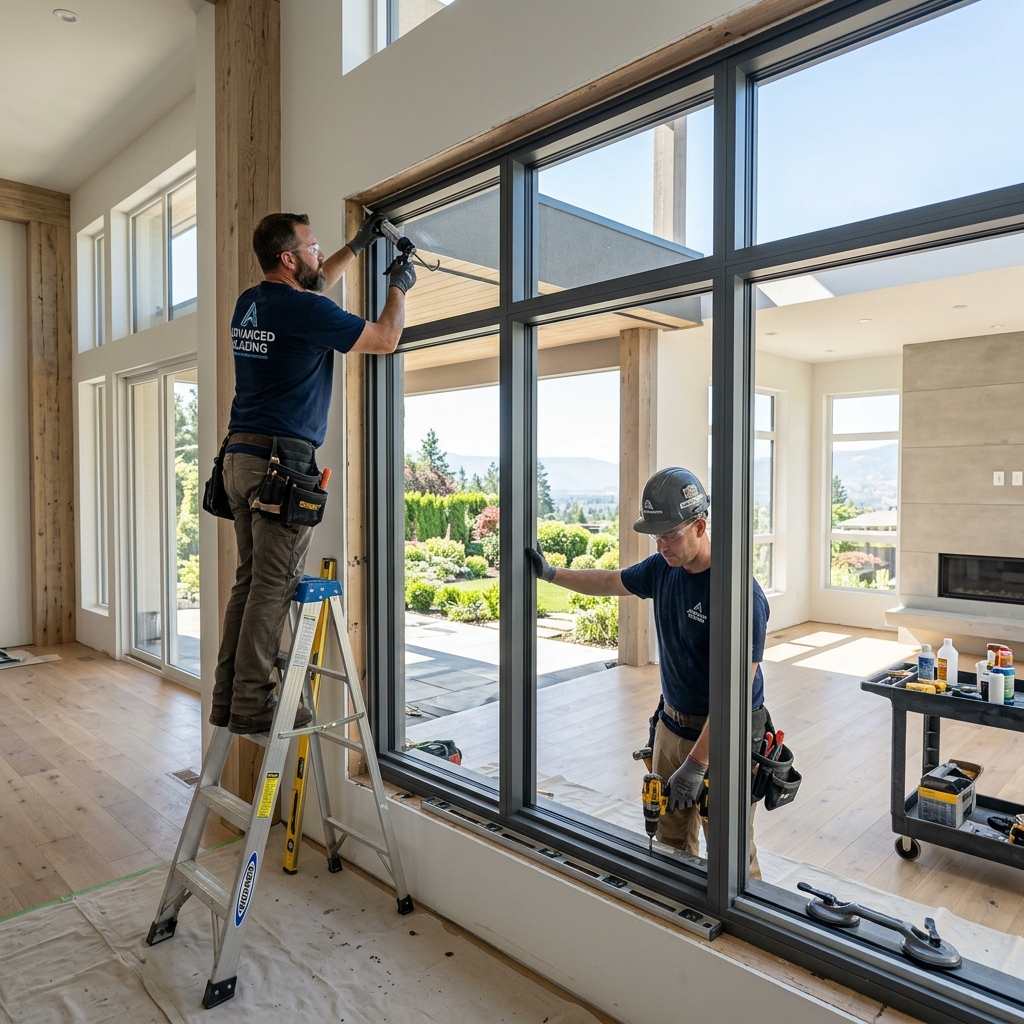 Professional window installation showing a technician working on a window frame